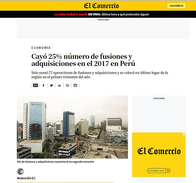 Cay 25% nmero de fusiones y adquisiciones en el 2017 en Per